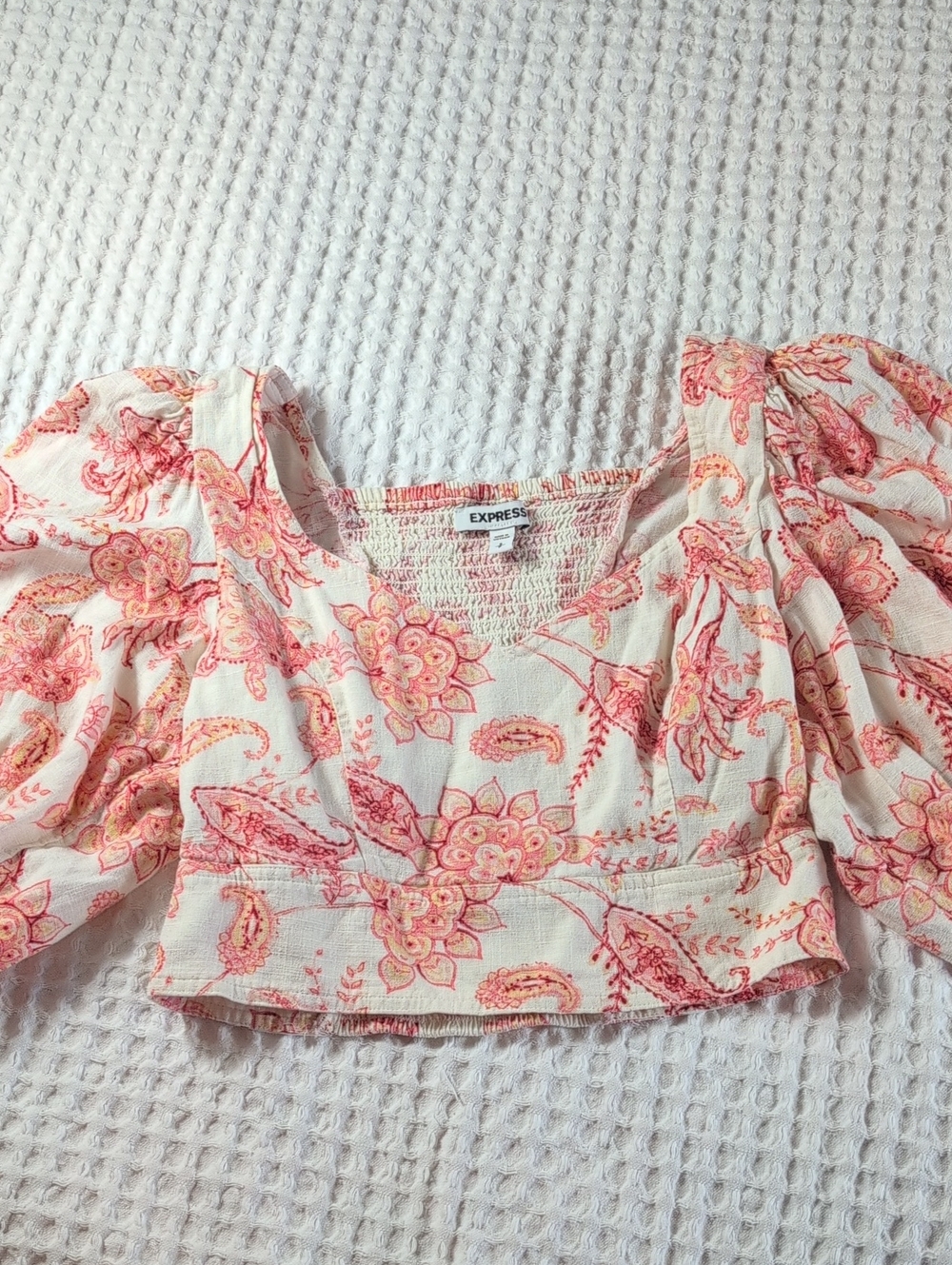 Express Cream Pink Floral Puff-Sleeve Cropped Top Size S